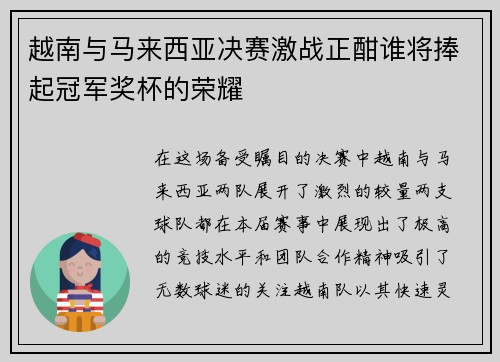 越南与马来西亚决赛激战正酣谁将捧起冠军奖杯的荣耀